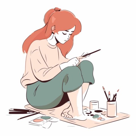 Vector illustration of a young woman drawing a picture with pain