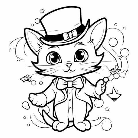 Black and White Cartoon Illustration of Cute Cat Character Masco