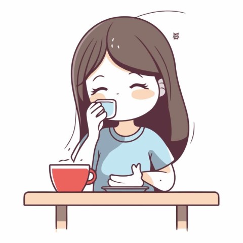 Illustration of a little girl drinking coffee while sitting at t