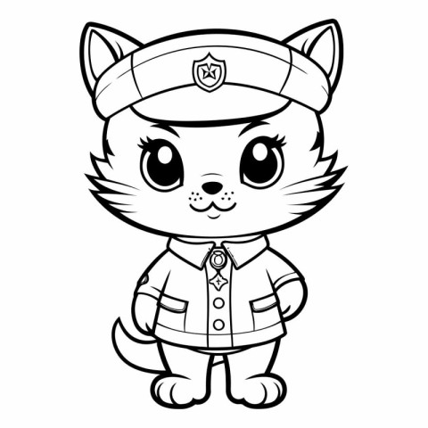 Black and White Cartoon Illustration of Cute Cat Police Officer