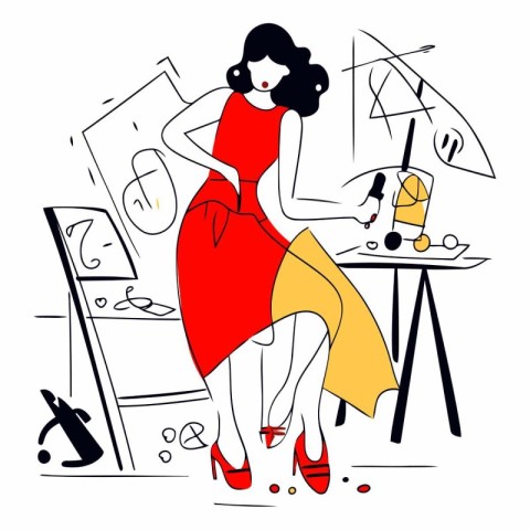 Vector illustration of a woman in red dress sitting at the table