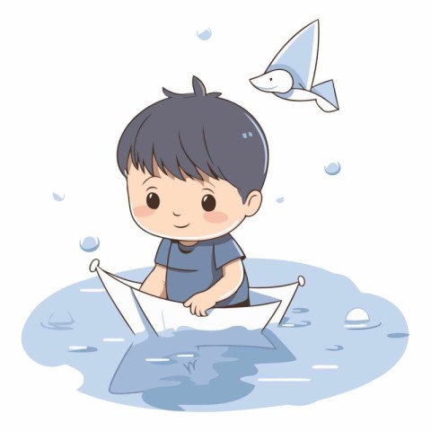 cute boy in boat with seagull vector illustration design.