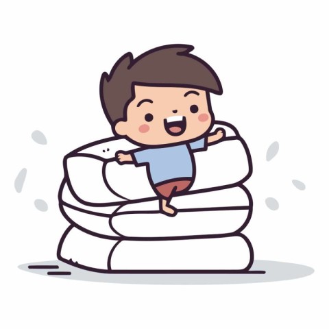 Cute little boy sleeping on big pile of pillows.