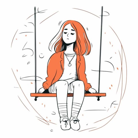 Beautiful girl sitting on swing in sketch style.