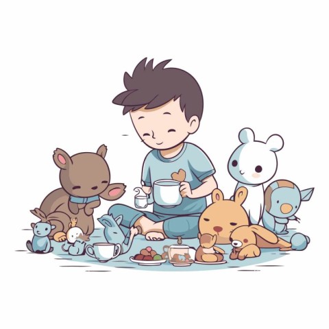 Little boy with a cup of tea and different toys.