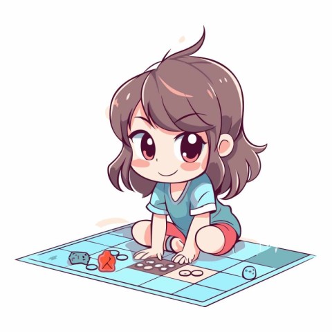 Cute little girl playing board game in cartoon style