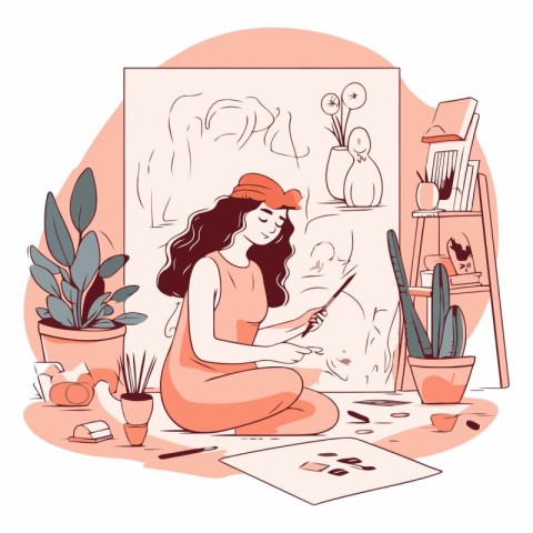 Beautiful young woman drawing in her living room.