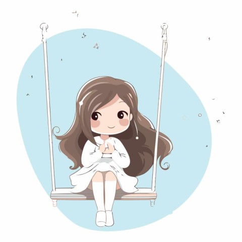 Cute little girl sitting on a swing in cartoon style.