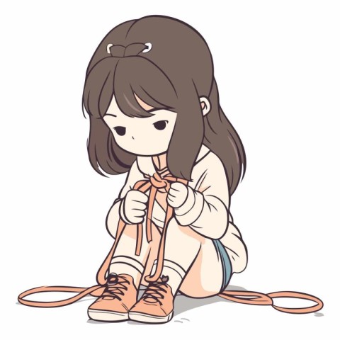 Illustration of a cute little girl tying shoelaces on her sneake