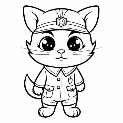 Black and White Cartoon Illustration of Cute Cat Police Characte