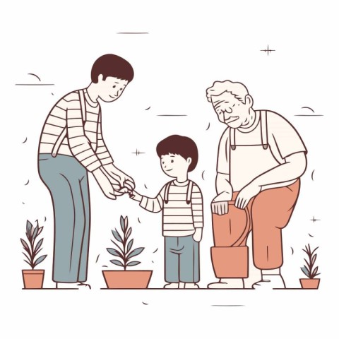 Grandfather. grandfather and grandson planting in the garden.