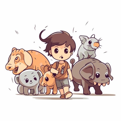 Cartoon little boy with a group of animals.