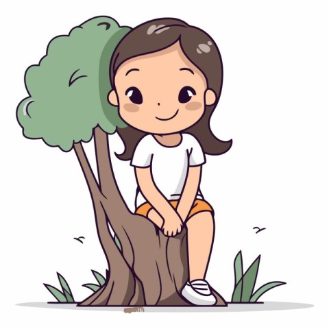 Cute little girl sitting on tree and smiling.