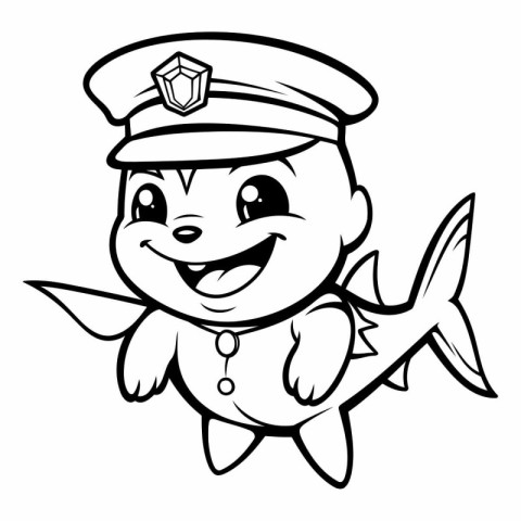 Black and White Cartoon Illustration of Cute Fish Police Captain