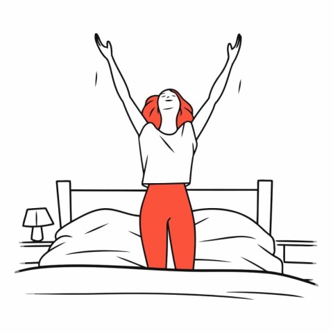 Happy young woman waking up in the morning. Hand drawn vector il