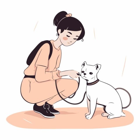 Girl playing with a dog in a flat style.