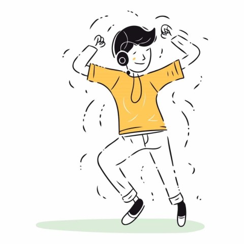 Vector illustration of happy man dancing and listening to music