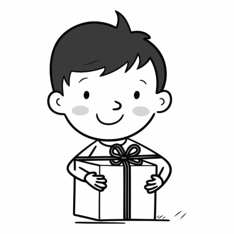 Illustration of a Kid Boy Opening a Gift Box - Black and White C