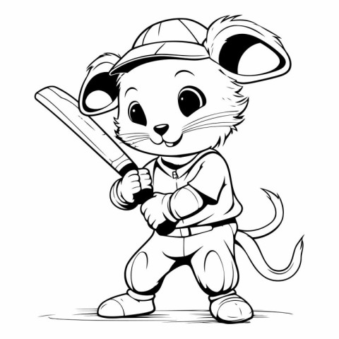 Cartoon Illustration of Little Mouse with Baseball Bat for Color