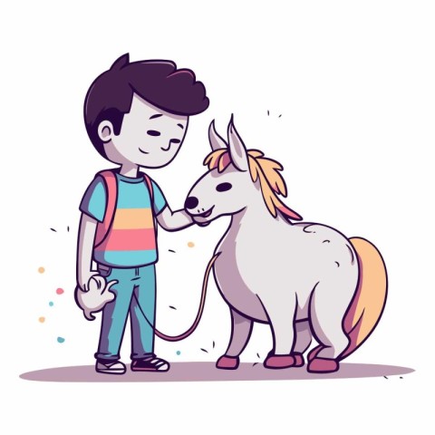 Little boy with white pony in a flat style.