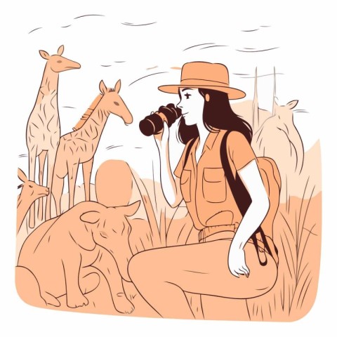 Vector illustration of a girl with a camera and a giraffe in the