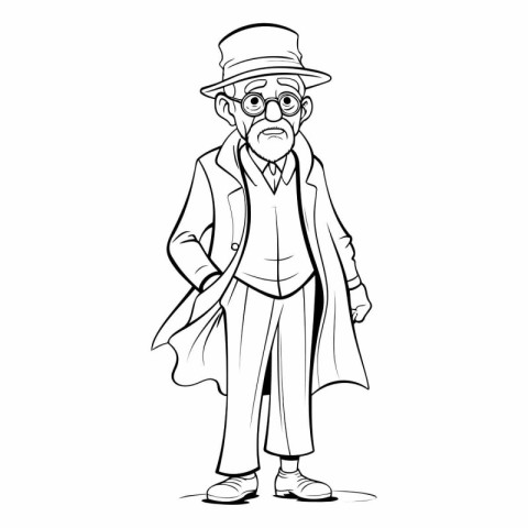 Old man in a hat and coat with glasses.