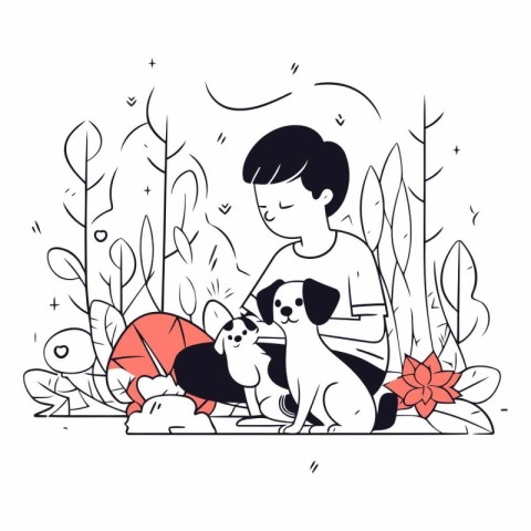 Vector illustration of a boy with a dog in the park. Cute doodle