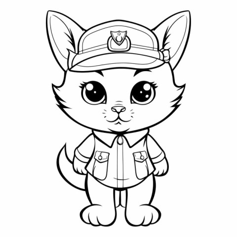 Black and White Cartoon Illustration of Cute Cat Police Animal C