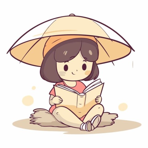 Illustration of a Cute Girl Reading a Book While Sitting on the