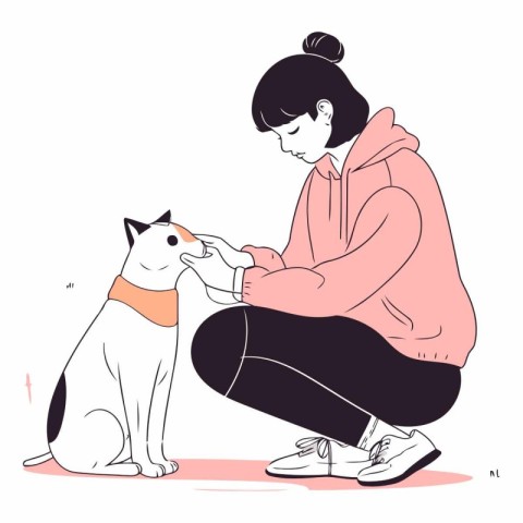 Young woman sitting with her pet dog in cartoon style.