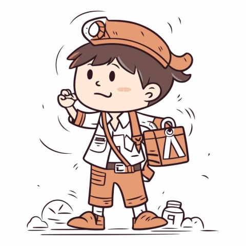 Cartoon boy scout with a map and a backpack.