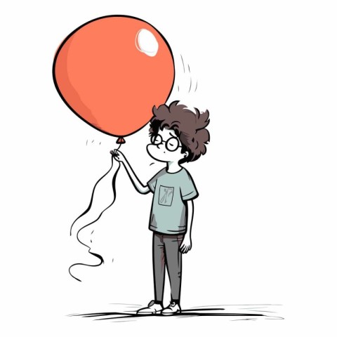 Vector illustration of a boy holding an orange balloon in his ha