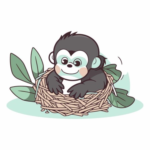 Cute cartoon monkey in nest isolated on white background.