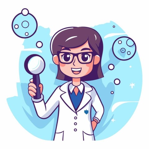 Scientist girl with magnifying glass in cartoon style