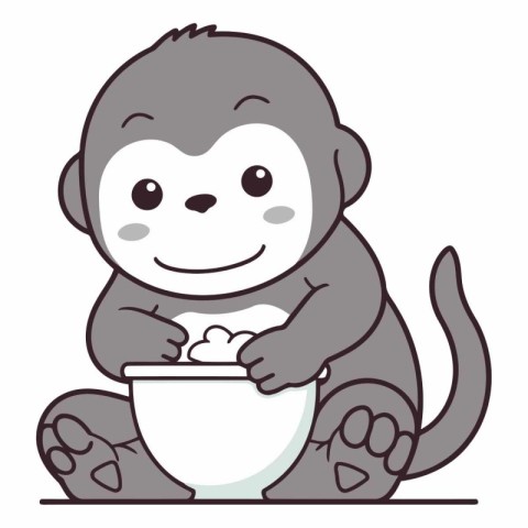 Cute cartoon monkey with a bowl of milk.