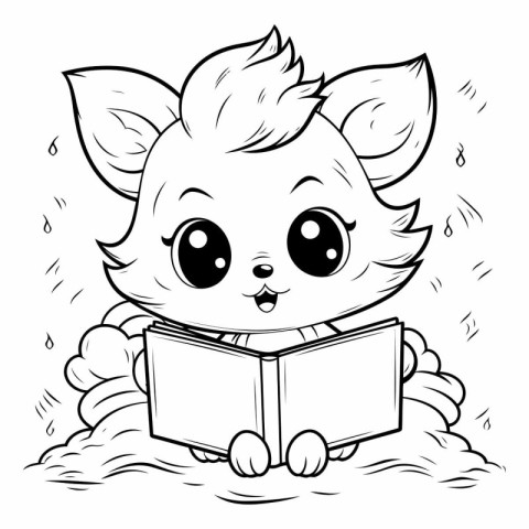 Black and White Cartoon Illustration of Cute Little Fox Reading