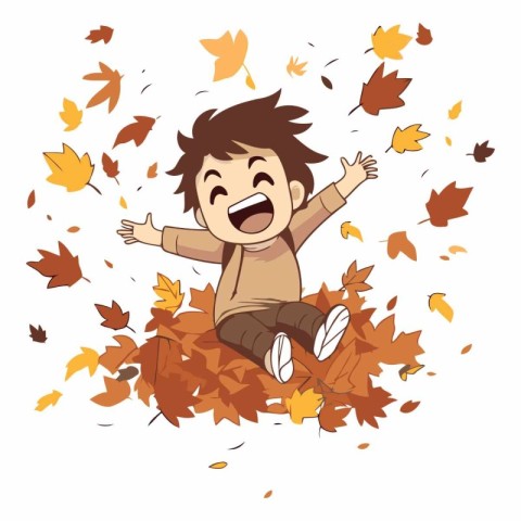 Happy boy sitting on a pile of autumn leaves.