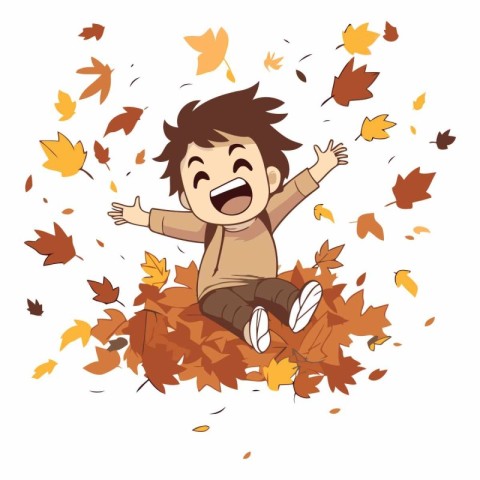 Happy boy sitting on a pile of autumn leaves.