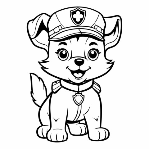 Black and White Cartoon Illustration of Cute Little Puppy Police