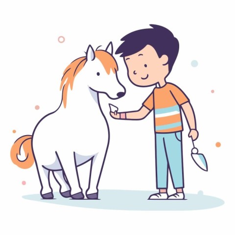 Little boy playing with a horse. Cute cartoon vector illustratio