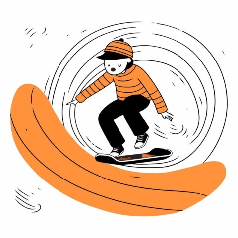 Snowboarder riding on a snowboard in cartoon style.