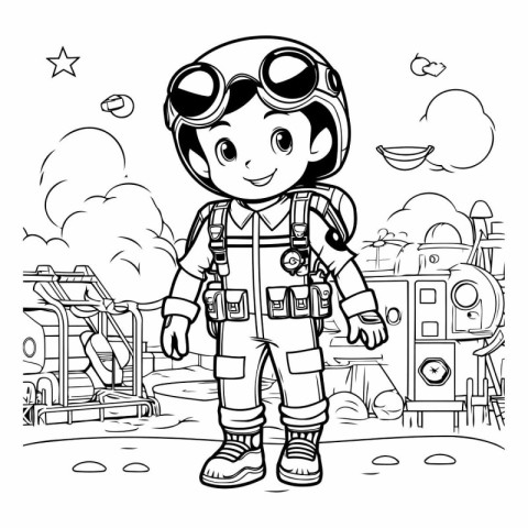 Black and White Cartoon Illustration of Cute Little Boy Astronau