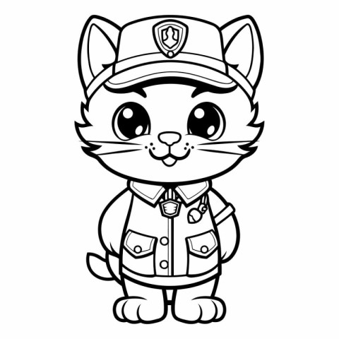 Black and White Cartoon Illustration of Cute Cat Police Characte