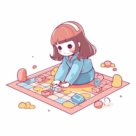 Cute little girl playing board game in cartoon style.