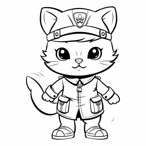 Black and White Cartoon Illustration of Cute Cat Police Officer