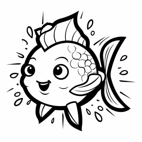 Black and White Cartoon Illustration of Cute Fish Character for