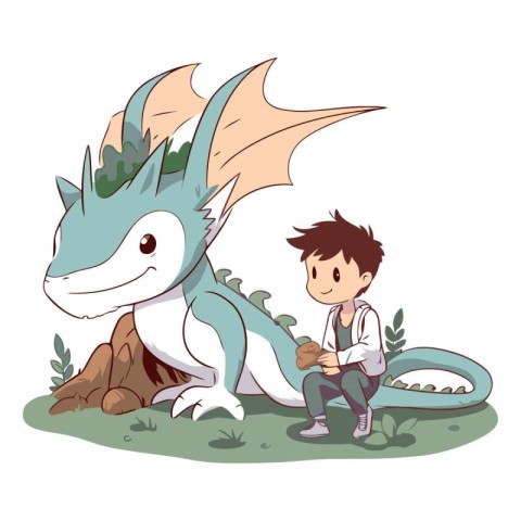 Vector illustration of a boy and a dragon on a white background.