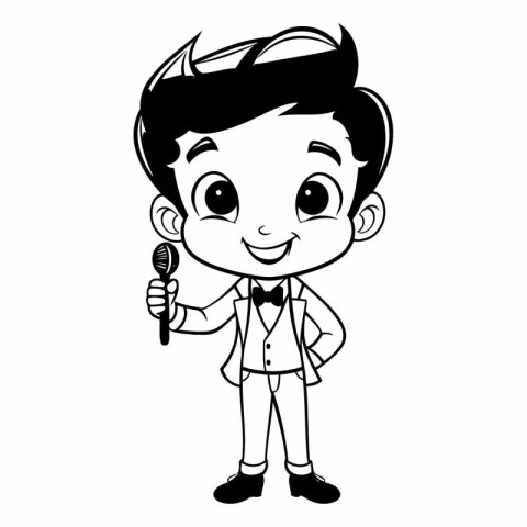 cute boy with microphone icon over white background. black and w