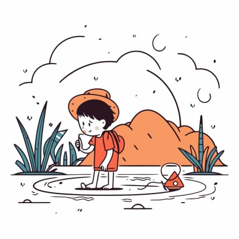 Little boy playing in the lake in doodle style