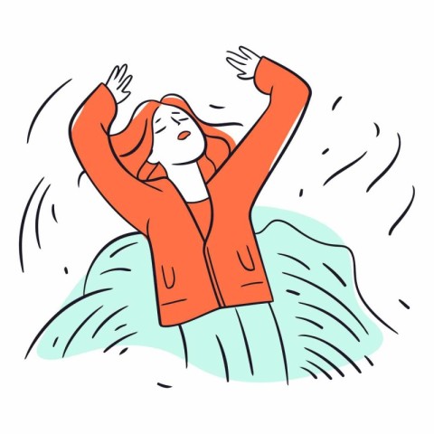 Young woman in a red jacket with raised hands on the background